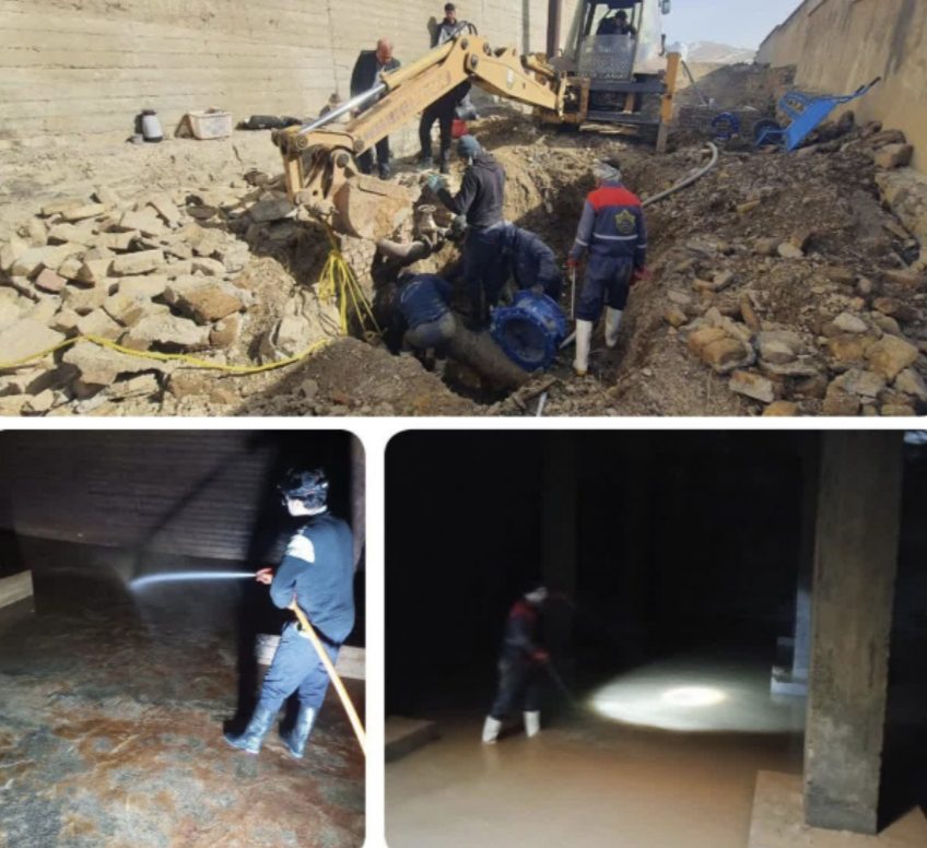 عملیات همزمان تعویض شیر فلکه خروجی و شست‌وشوی مخزن ۵۰۰۰ مترمکعبی سنقر